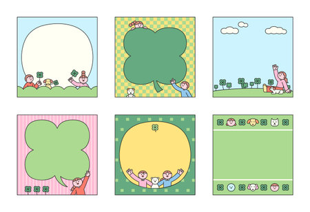 Collection of cute, hand-drawn memo pads or frames featuring children and lucky four-leaf clovers, with blank spaces for text.のイラスト素材