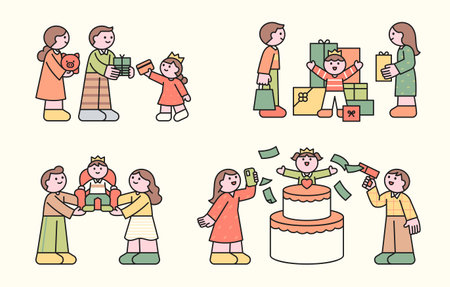 Children celebrating a luxurious birthday with many gifts, money, and joyful family moments showing modern consumption culture.のイラスト素材