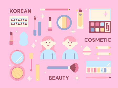 Flat illustration of Korean beauty cosmetics including makeup tools, skincare products, and characters on a pastel pink background.のイラスト素材