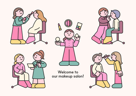 Cute flat illustration of people doing makeup for each other in a beauty salon, with cosmetics, brushes, and happy expressions.のイラスト素材