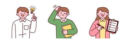 Actions of the teacher characters. They are performing actions as if an idea has struck them,...
