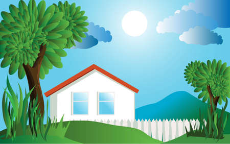 White small house in beams of the summer sunのイラスト素材