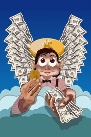 The person symbolizing credit system of banks with wings from money trusts money under percentのイラスト素材