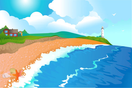 deserted sea coast with a running waveのイラスト素材