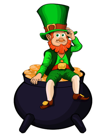 cheerful leprechaun  in green clothes sits on a pot full of gold coinsのイラスト素材