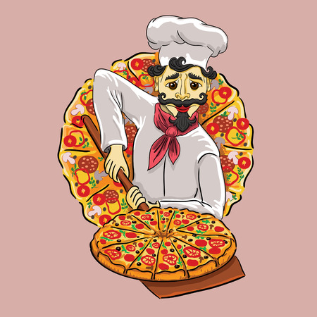 Tired but happy cook on a wooden tray serves tasty pizzaのイラスト素材