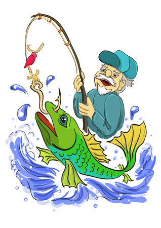 The old fisherman caught big fishのイラスト素材