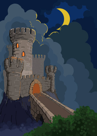 alone standing lock surrounded with a ditch and standing in the light of the night moonのイラスト素材