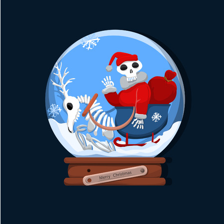 Skeleton Santa and his reindeer in a glass bowl as a joyous spirit of Christmas.のイラスト素材