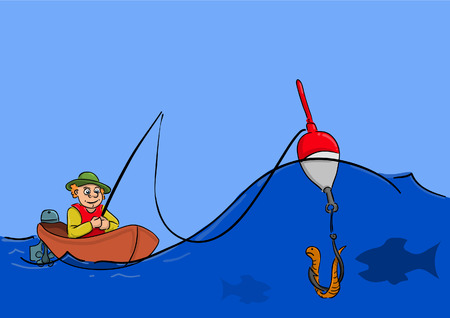 fisherman sitting in the boat and silent fishes of the seaのイラスト素材