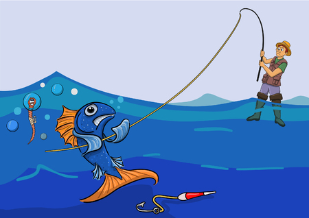 fish hook tore released worm and pulls the fisherman into the waterのイラスト素材