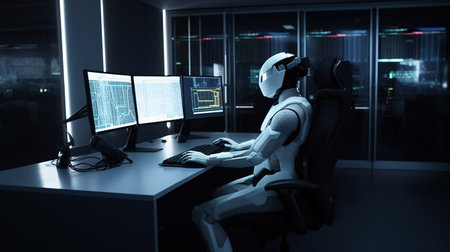 Robot humanoid working on computer in dark office. 3D rendering.の素材