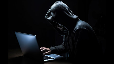 Hooded hacker stealing data from a laptop at night in the dark. AI generatedの素材