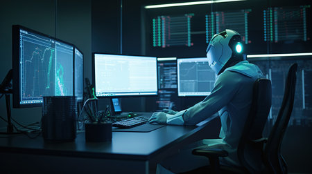 Cyborg working on a computer in a dark room with stock market data stock, future trading, trader, trading view, AI generatedの素材