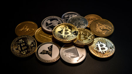 Bitcoin coins on black background. Cryptocurrency concept. Digital currency. AI generatedの素材