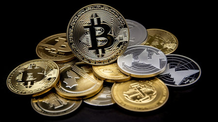 Golden Bitcoin on black background. Cryptocurrency. Digital currency. AI generatedの素材