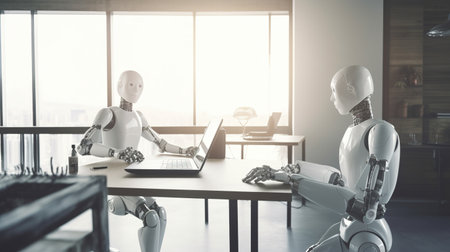 Group of robots working together in modern office. 3D Rendering AI generatedの素材