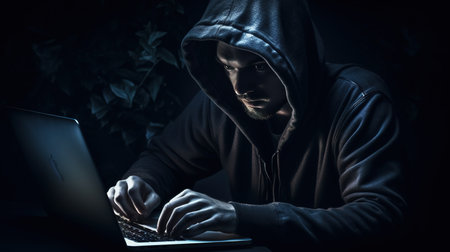 Hacker in hood stealing data from a laptop. Dark background. AI generatedの素材