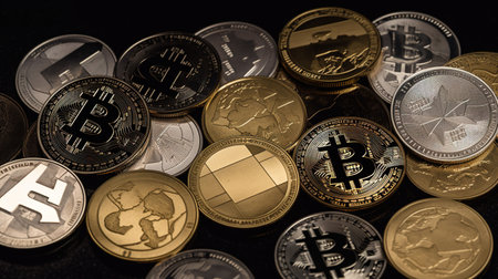 Close-up of bitcoin coins on black background. Cryptocurrency concept. AI generatedの素材
