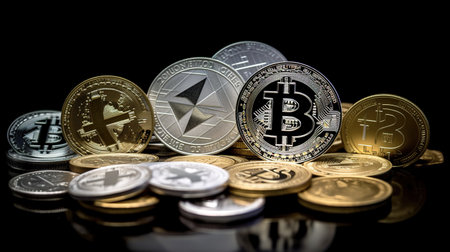 Cryptocurrency. Bitcoin, Ethereum, Litecoin, Dash, Ripple. AI generatedの素材