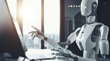 Robot humanoid working with computer in modern office. 3D rendering AI generatedの素材