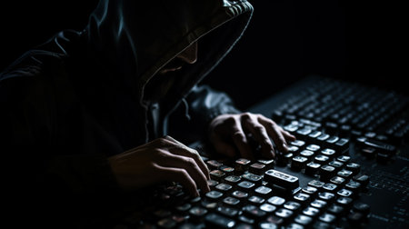 Hooded hacker stealing data from a computer keyboard. Dark background. AI generatedの素材