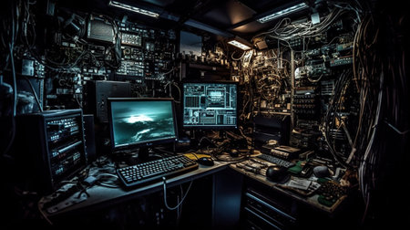 Interior of a server room with computers and electronic devices. Mixed media, AI-generatedの素材