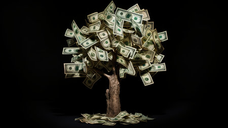 Money tree with dollars on black background. 3d render illustration.の素材