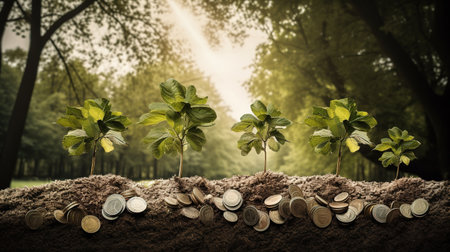 Investment concept, Coins in soil with green plant on nature backgroundの素材