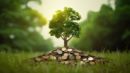 Investment concept,tree growing on pile of coins with green backgroundの素材