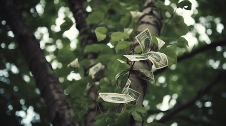 Dollars on the branches of a tree in the forest.の素材