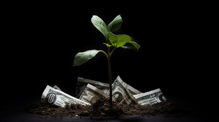 Green seedling growing from one hundred dollar bills on a dark background, AI generateの素材