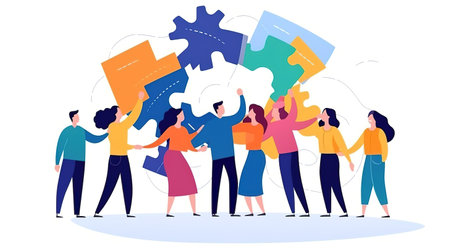 Teamwork, partnership, cooperation concept. Group of people connecting puzzle pieces. Vector illustration in flat cartoon style, AI generativeの素材