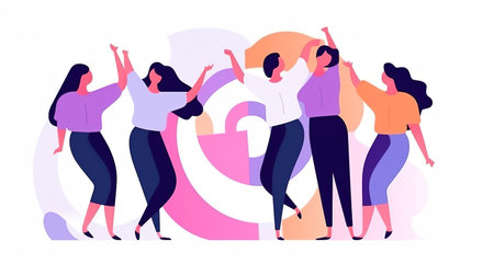 Happy group of young women dancing together. Vector illustration in a flat style, AI generativeの素材