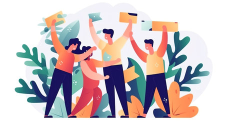 Group of happy young people celebrating success with raised hands. Successful teamwork concept. Flat vector illustration. AI generativeの素材