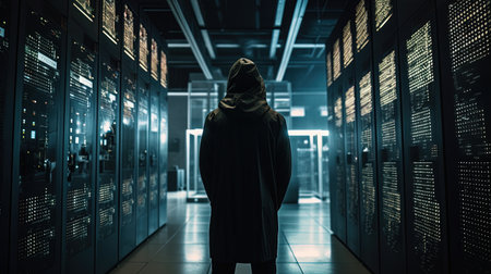 Back view of hacker in hoodie standing in server room. Hacking concept. AI-generated.の素材