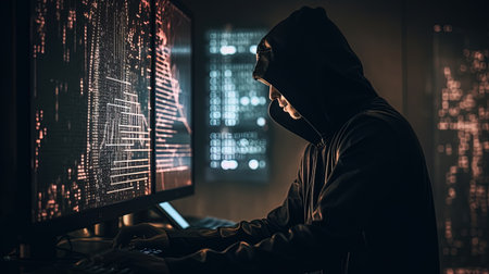 Hacker in hood stealing data from computer monitor. Cybercrime concept. AI-generated.の素材