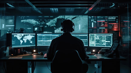 Rear view of male security guard sitting at desk in surveillance room. AI-generated.の素材