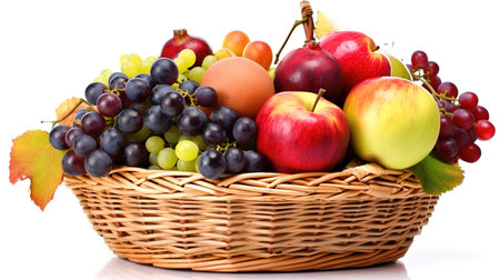 Basket of fresh fruits and vegetables isolated on a white background.の素材