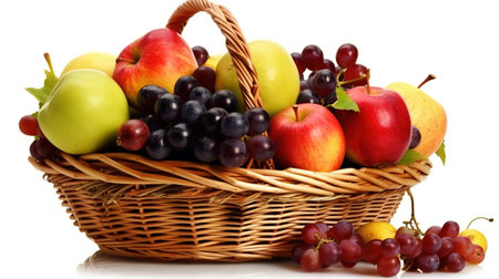 Basket of fresh fruits isolated on white background. Healthy food.の素材