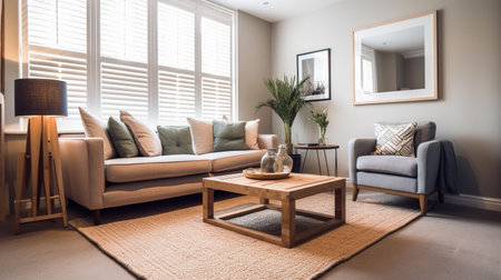 Interior of a living room with a beige sofa and a coffee table. Ai-generative.の素材