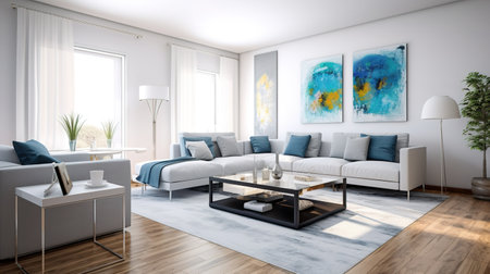 interior modern bright room with white sofa 3D rendering Illustration. Ai-generative.の素材