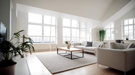 interior of modern bright living room with white sofa and window viewの素材