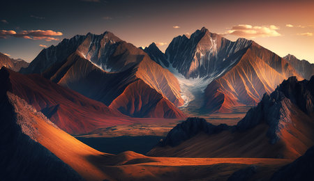 Fantasy alien planet. Mountain and lake. 3D Illustration. AI generated.の素材