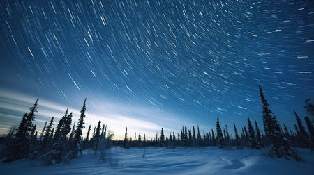 Star trails in the night sky over the winter forest. Long exposure.  AI generated.の素材