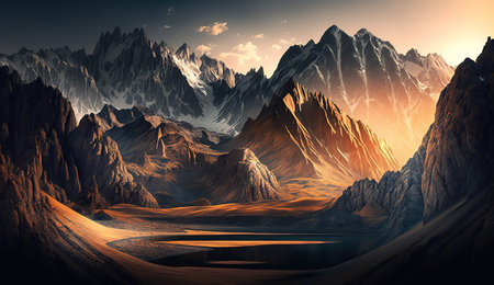 Fantasy alien planet. Mountain and lake. 3D illustration.  AI generated.の素材