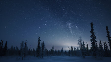 Night sky with stars and milky way over the forest in winter.  AI generated.の素材
