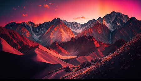 Mountain landscape. Sunset in the mountains. 3d illustration.  AI generated.の素材