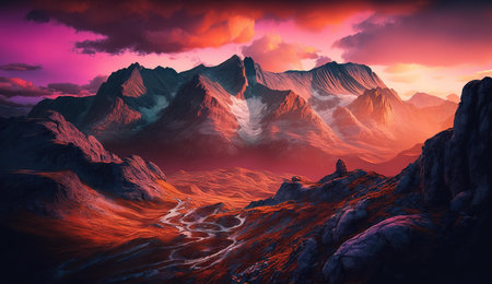 Fantasy alien planet. Mountain and lake. 3D illustration.  AI generated.の素材