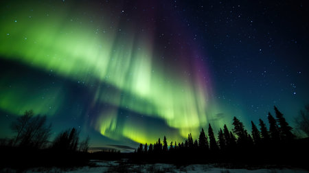 Northern lights in the night sky. Aurora borealis. Northern lights. AI generated.の素材